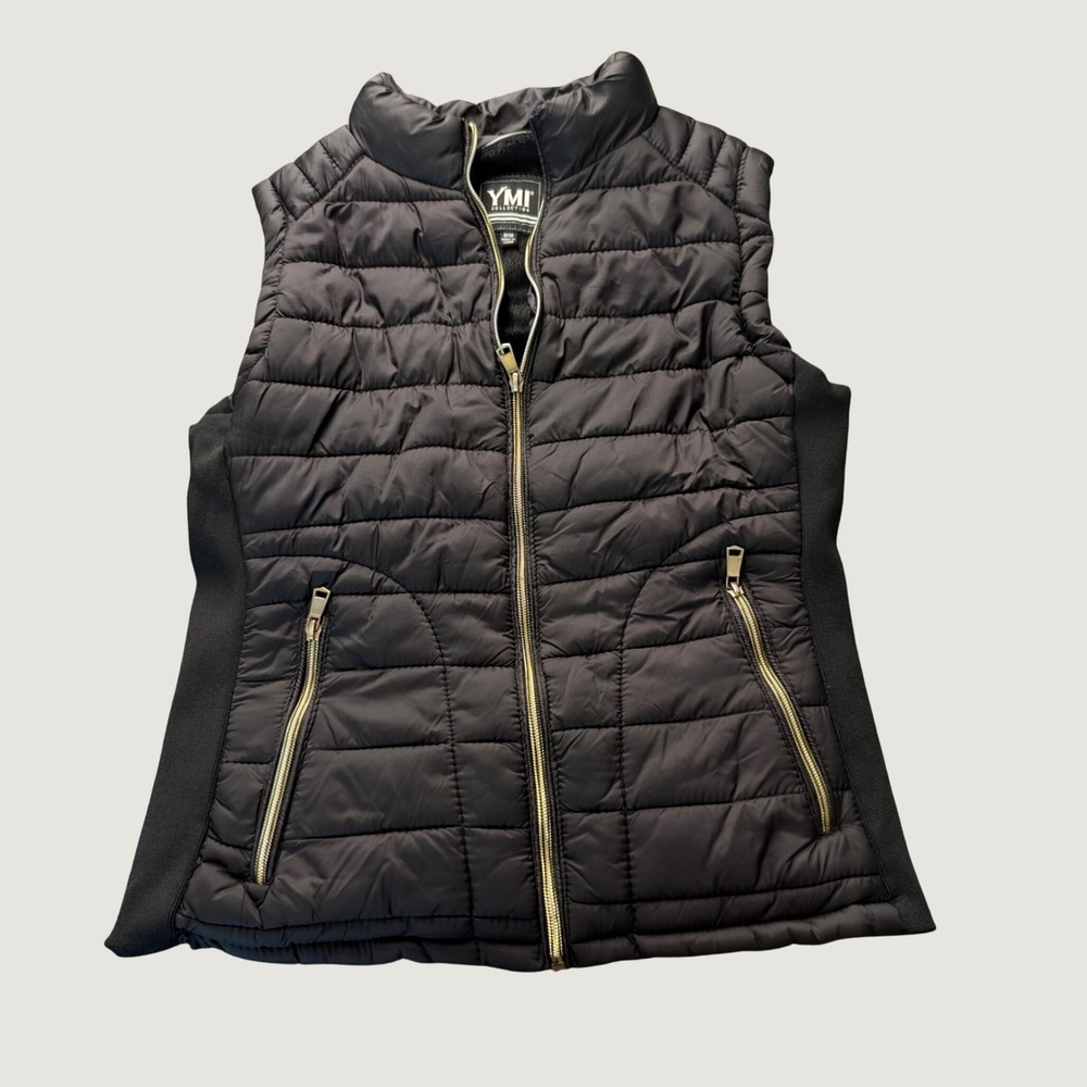 YMI Puffer Vest Size M Fleece Lined Quilted Nylon Slim Fit Black Gold Zip